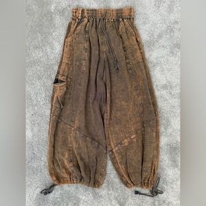 EASEL Bohemian Elastic Bronze Brown 100% Cotton Barrel Wide-Leg Gauze Pants L